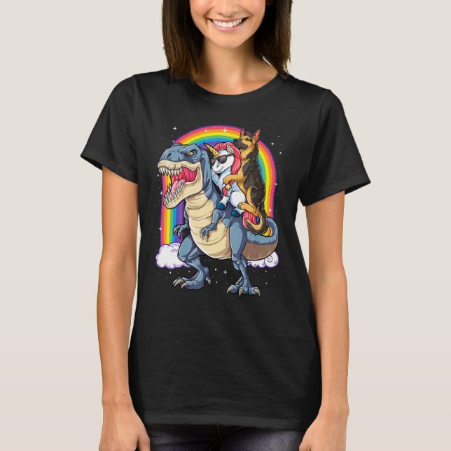 Tyska shepherd Unicorn Riding Dinosaur Rex Girls T Shirt (Framsida)