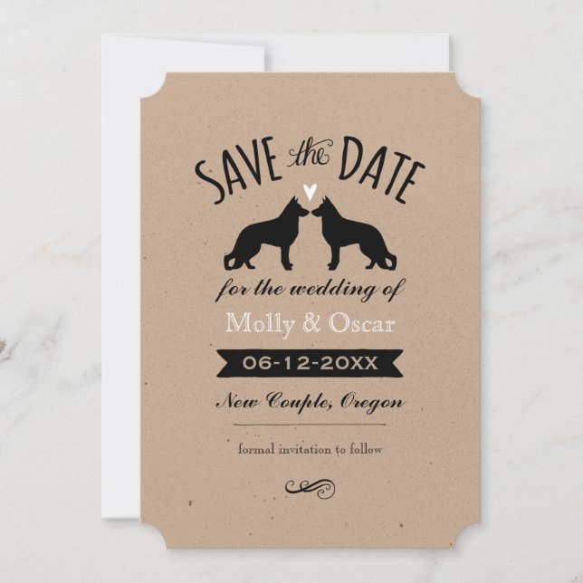 Tyska vallhundssilhuetter Bröllop Save the Date Spara Datumet (Framsida)