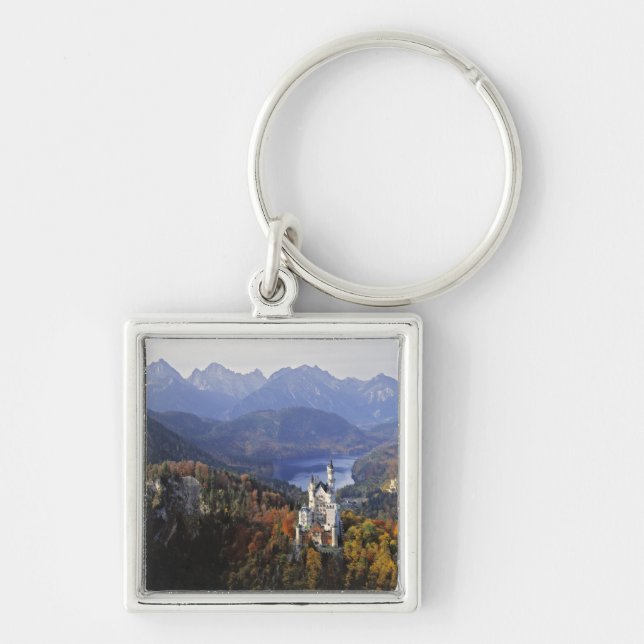 Tyskland, Bayern, Neuschwanstein slott. Kung Fyrkantig Silverfärgad Nyckelring (Framsidan)