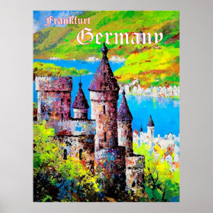 Tyskland, medeltida slott i Frankfurt, floden Main Poster