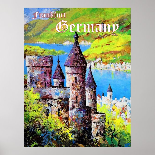 Tyskland, medeltida slott i Frankfurt, floden Main Poster (Framsidan)