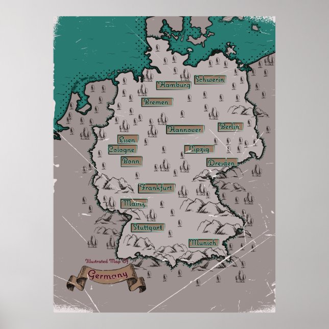 Tyskland Vintage Illustrated karta Poster (Framsidan)
