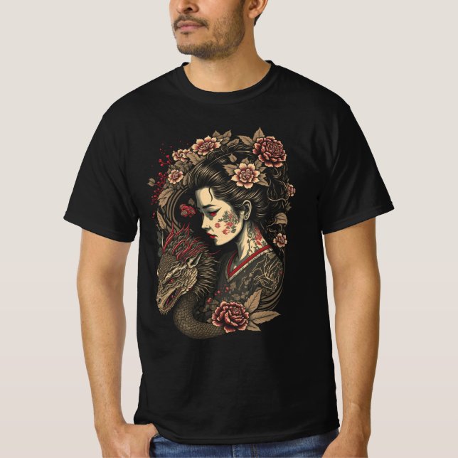 Tyst Bloom - Geisha & Dragon i Harmony T Shirt (Framsida)