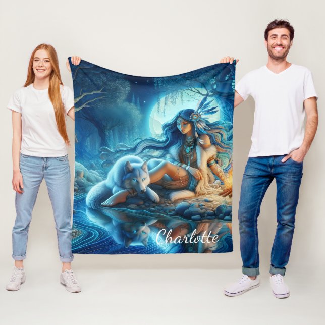 Tyst flodkväll med inbyggt och varg fleecefilt (På plats)