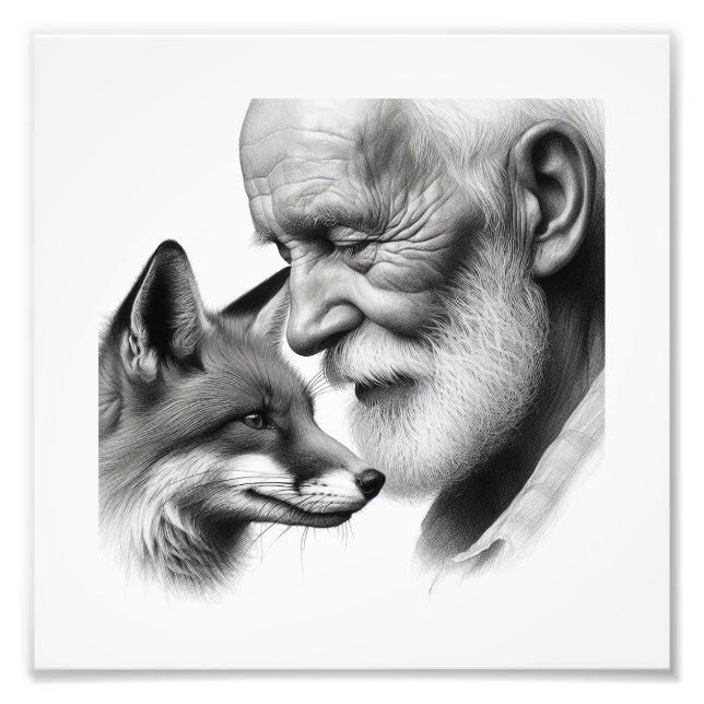 Tyst förståelse: Äldre man med Fox Wall Art Fototryck (Framsidan)