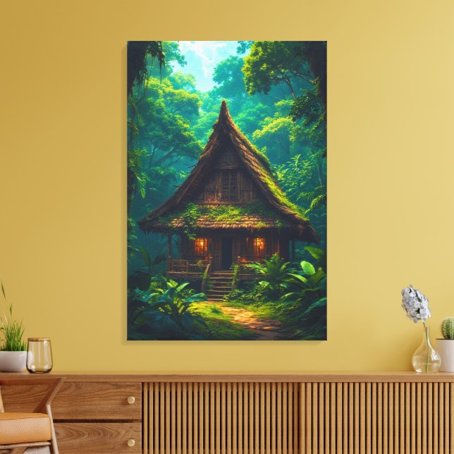 Tyst hus i den tropiska skogen canvastryck (Insitu (Vardagsrum))