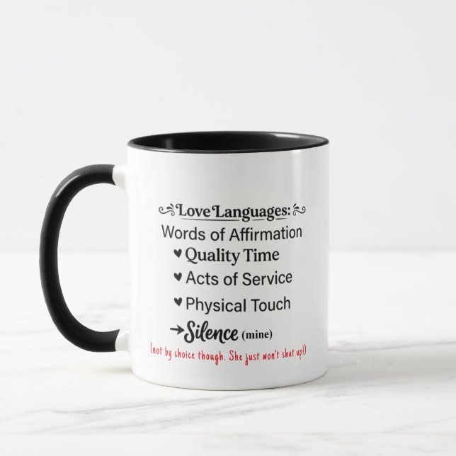Tyst kärleksspråk-mugg, rolig kaffegåva kopp (Vänster)