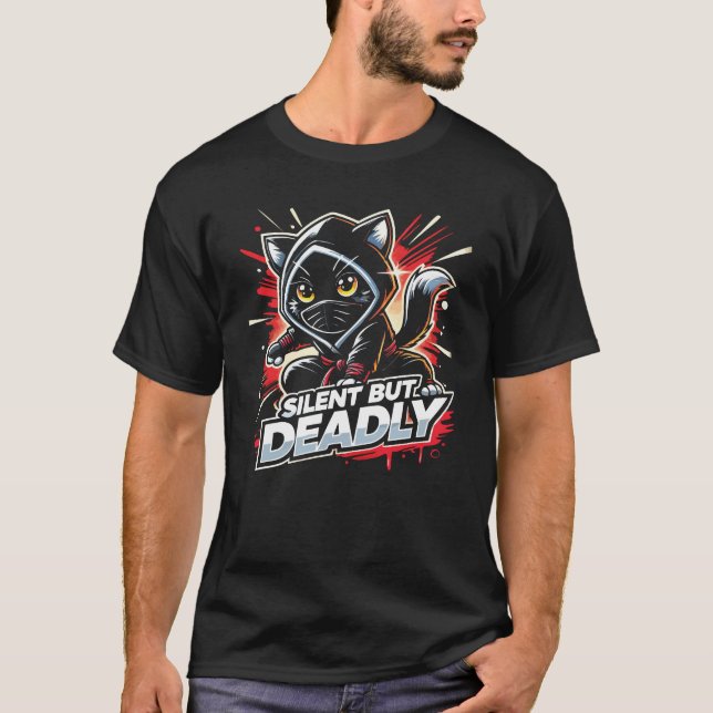 Tyst men dödlig - Cute Funny Ninja Cat T Shirt (Framsida)