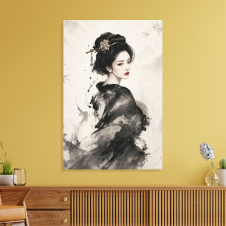 Tyst nåd – Elegant Geisha-bläckporträtt Canvastryck