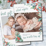 Tyst natt för tio Mistle Toes Winter Birth Meddelande<br><div class="desc">Två Photo Helgdag Birth-annons-kort som du kan anpassa ytterligare med baby namn, födelsestatus, din christmas önskemål och namn. Att kombinera yrkesmässig roligt med traditionell vattenfärg är en känslig och elegant utformning för ram och ditt baby bilder. Ordalydelsen lyder: "Vi handlade under våra tysta nätter för en mängd glädje med tio...</div>
