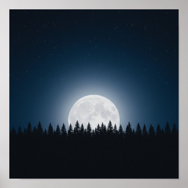 Tyst natt: Fullmåne ovanför skogens siluett Poster (Framsidan)