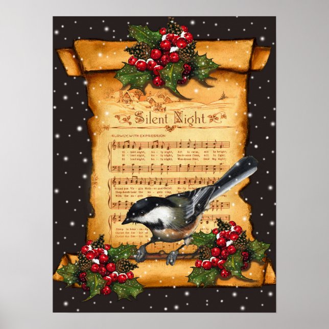 Tyst Natt Lakan Music, Chickadee, Snö: Art Poster (Framsidan)