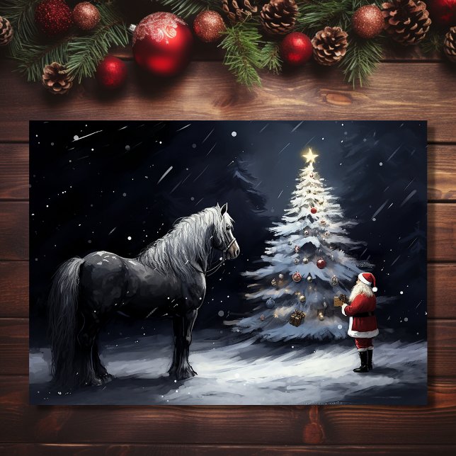 Tyst Natt - Vacker häst och Santa jul Helgkort (Front - Silent Night - Beautiful Horse and Santa Christmas Holiday Card)