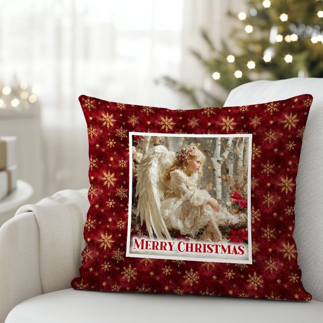 Tyst röd och guld viktoriansk ängel jul  kudde (Silent Red and Gold Victorian Angel Christmas Pillow)