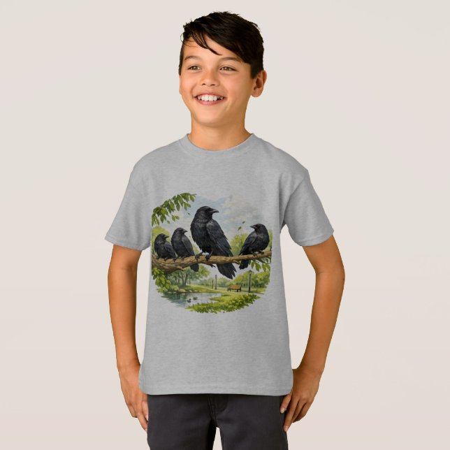 Tyst samling – Kråkor på en parkgren T Shirt (Hel framsida)