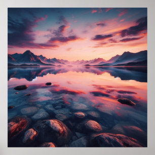 Tyst sjösolnedgångsaffisch, reflekterande bergsdäm poster