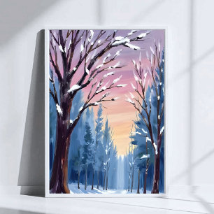 Tyst Snöfall Vinter Skog Akvarell Målning Poster