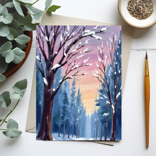 Tyst Snöfall Vinter Skog Akvarell Målning Vykort