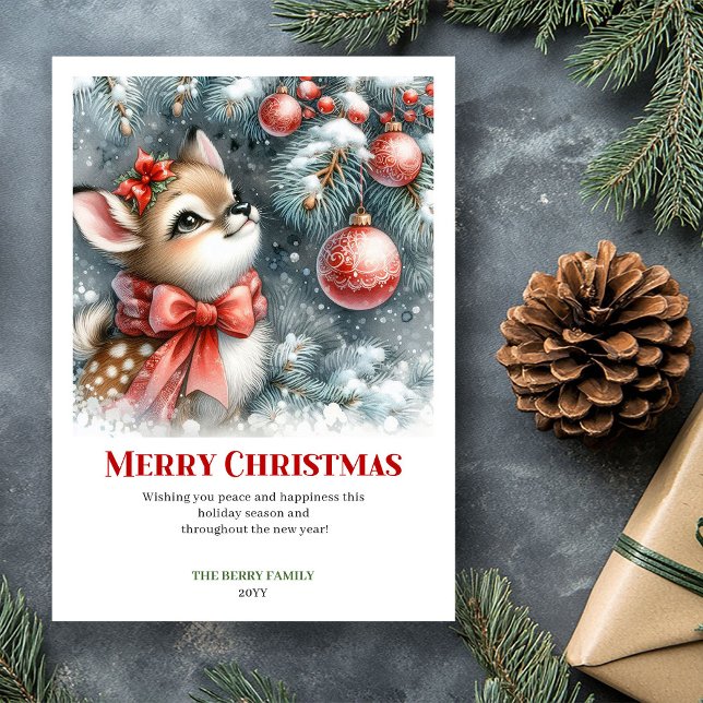 Tyst Snöig Hjort Vattenfärg Julhälsning  Julkort (Silent Snowy Fawn Watercolor Christmas Greeting Christm)