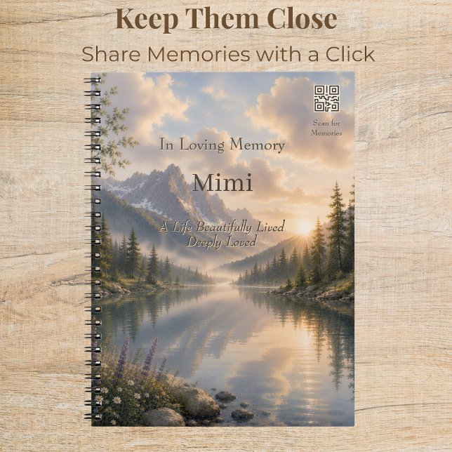 Tyst Vatten Minnesjournal med QR-kod Anteckningsbok (Elegant memorial journal with custom QR code and peaceful watercolor mountain lake artwork.)