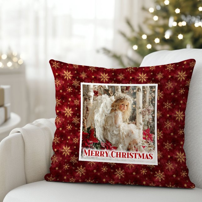 Tyst Vintage Änglakonst Röd och Guld Presentkudde Kudde (Hushed Vintage Angel Art Red and Gold Gift Pillow)