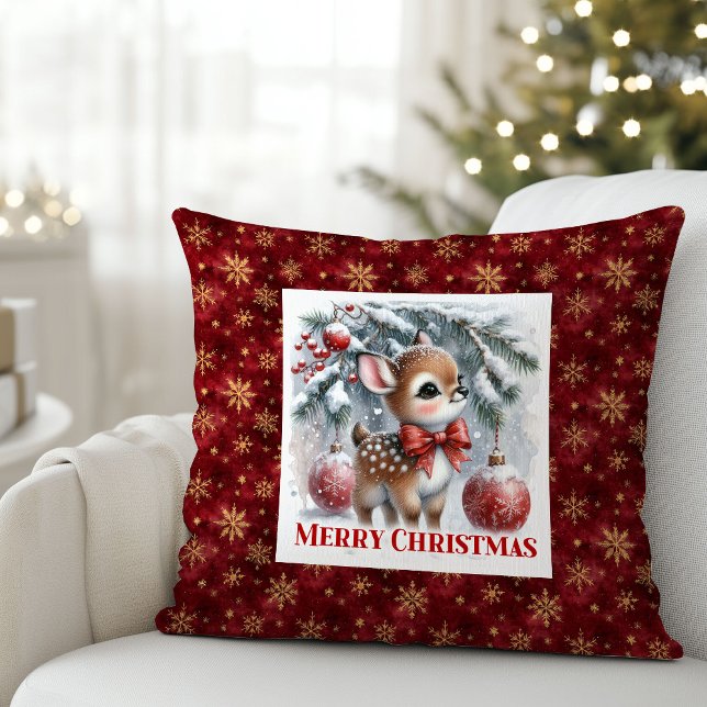 Tyst vinterscen snöig babyfawn jul  kudde (Silent winter scene snowy baby fawn Christmas pillow)