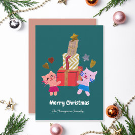 Tysta katter med gåvor mörk grönt jul julkort