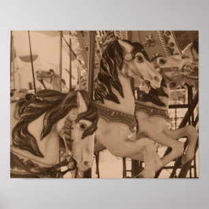 Tysta prancers Carousel Horses in Sepia Brown Poster