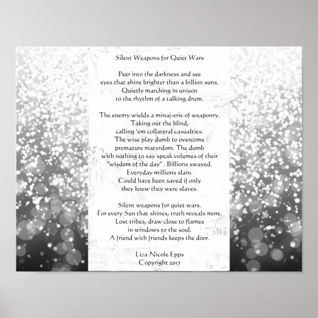 Tysta vapen för Quiet Krig. Dikt av Liza Nicole Poster (Framsidan)
