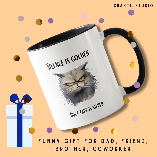 Tystnad är guld, silvertejp är silver, ilsken katt mugg (Skapare uppladdad)