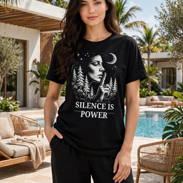Tystnad är makt t shirt (Silence Is Power black tee - witchy moon forest graphic for introverts)