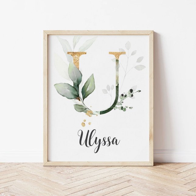 U-bokstavsmonogram Greenery Nursery Namnskylt Vägg Poster (Skapare uppladdad)