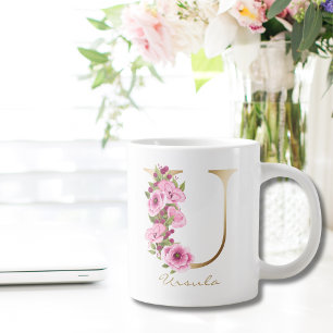 U Brev Guld Monogram Rosa Magenta Blommigt  Jumbo Mugg