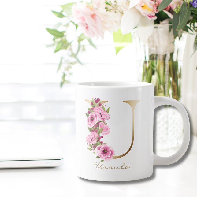 U Brev Guld Monogram Rosa Magenta Blommigt  Jumbo Mugg (Skapare uppladdad)