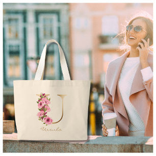 U Brev Guld Monogram Rosa Magenta Blommigt Jumbo Tygkasse