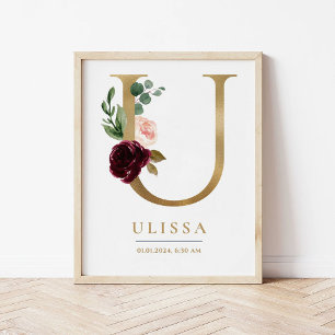 U Brev Monogram Namn Marsala Blommigt Nursery Poster
