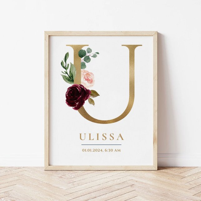 U Brev Monogram Namn Marsala Blommigt Nursery Poster (Skapare uppladdad)