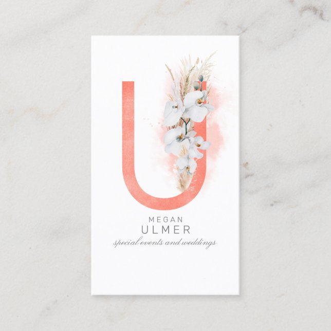 U Brev Monogram White Orchids och Pampas Grass Visitkort (Framsida)