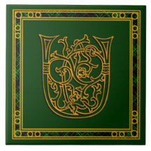 U Monogram "Irish Guld on Grönt" Ceramic Tile