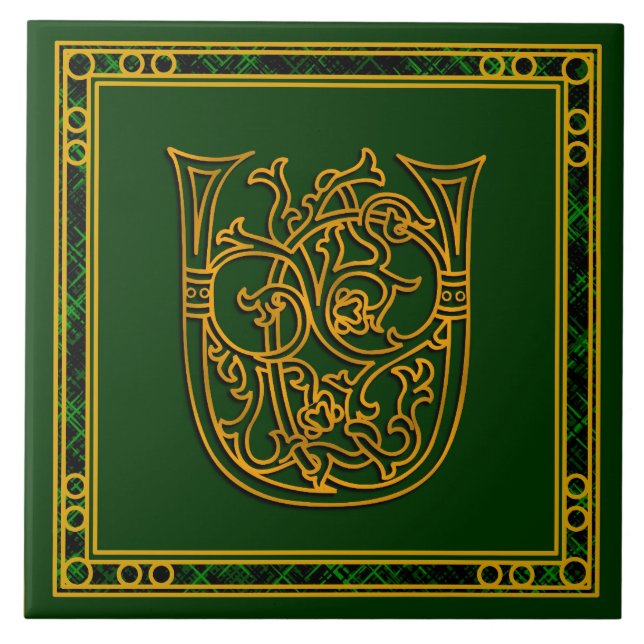 U Monogram "Irish Guld on Grönt" Ceramic Tile Kakelplatta (Framsidan)