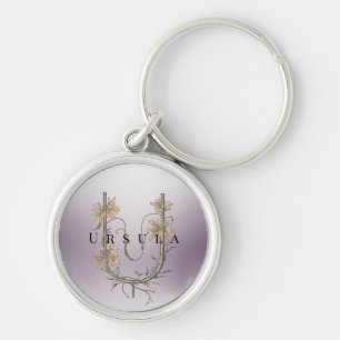 U Monogram med Uva Ursi Flowers - Minimalist Rund Silverfärgad Nyckelring