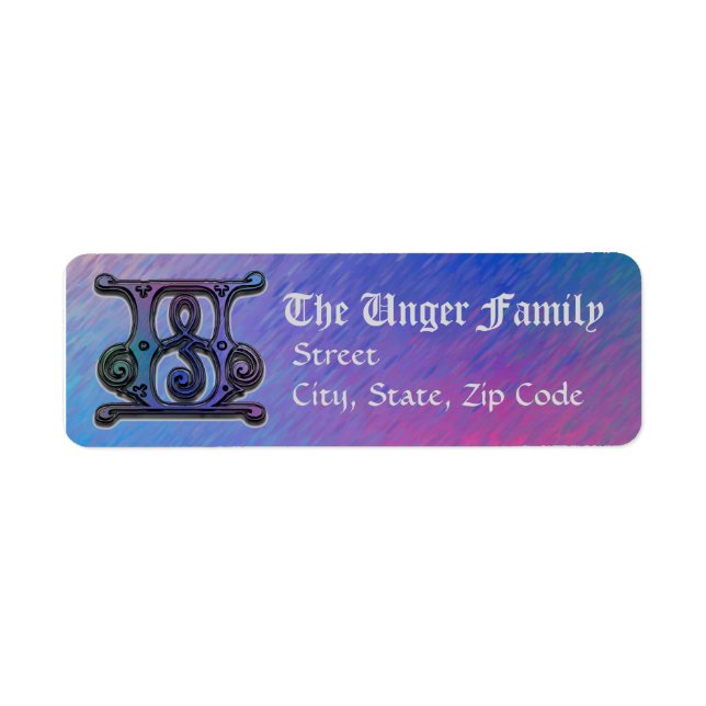 U Monogram "Old World Blue" design Adress Lables Returadress Etikett (Framsidan)