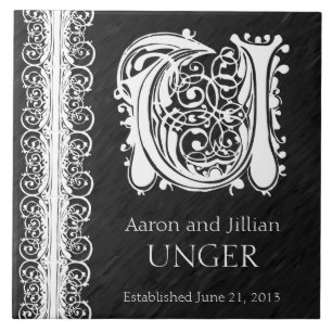 U Monogram "White Snöre on Black" Bröllop Tile Kakelplatta