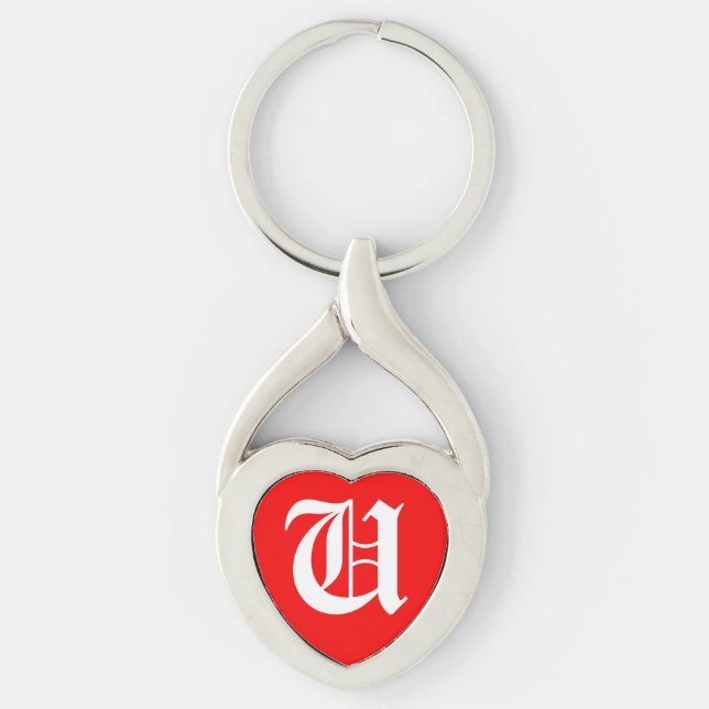 "U" Red Heart Keychain Twisted Heart Silverfärgad Nyckelring (Framsidan)