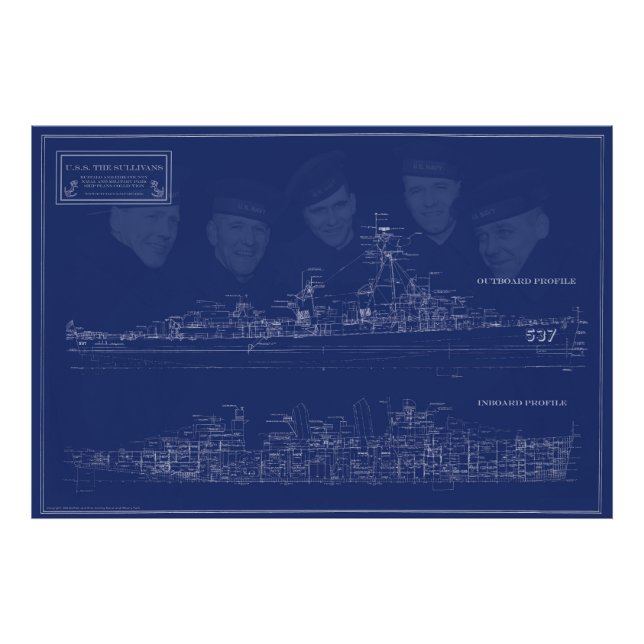 U.S.S. The Sullivans Fine Art Blueprint Fototryck (Framsidan)