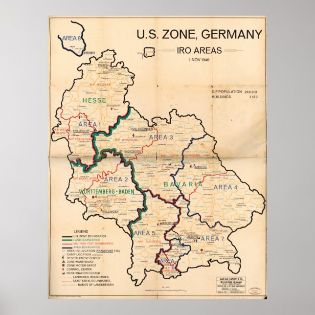 U.S. Zon, Tyskland IRO Areas Karta (november 1948) Poster (Framsidan)