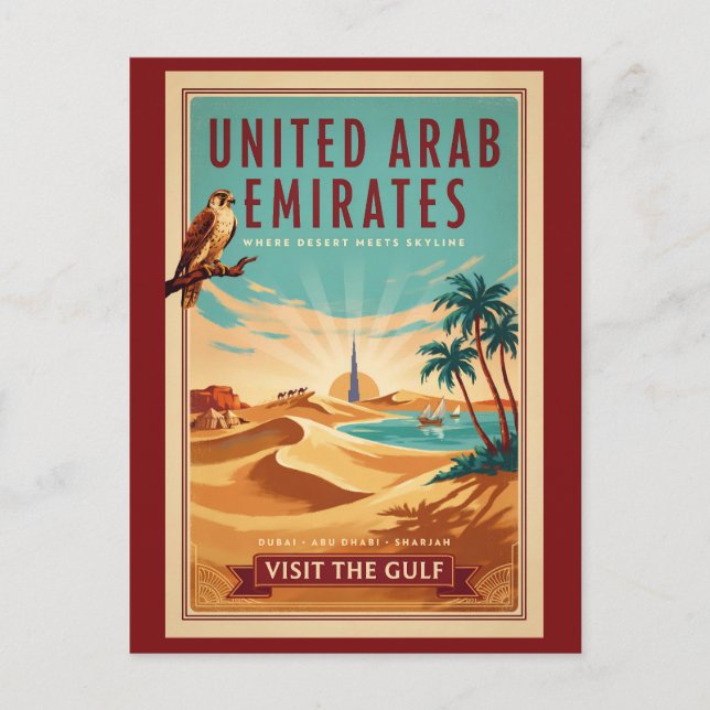 UAE Dubai Fågel Fälten Illustration Resa Konst Vykort (Framsida)