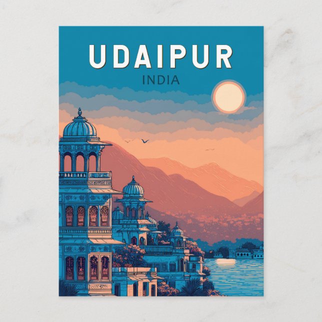 Udaipur Indien Illustration Resa Konst Vintage Vykort (Framsida)