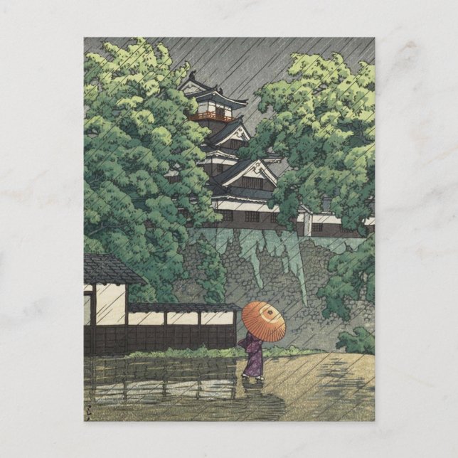Udo-torn, Kumamoto slott i regn - Kawase Hasui Vykort (Framsida)