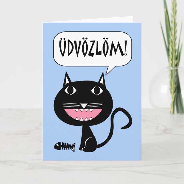 Udvözlöm! Hej på ungerska, Katt med fiskben Kort (Framsida)